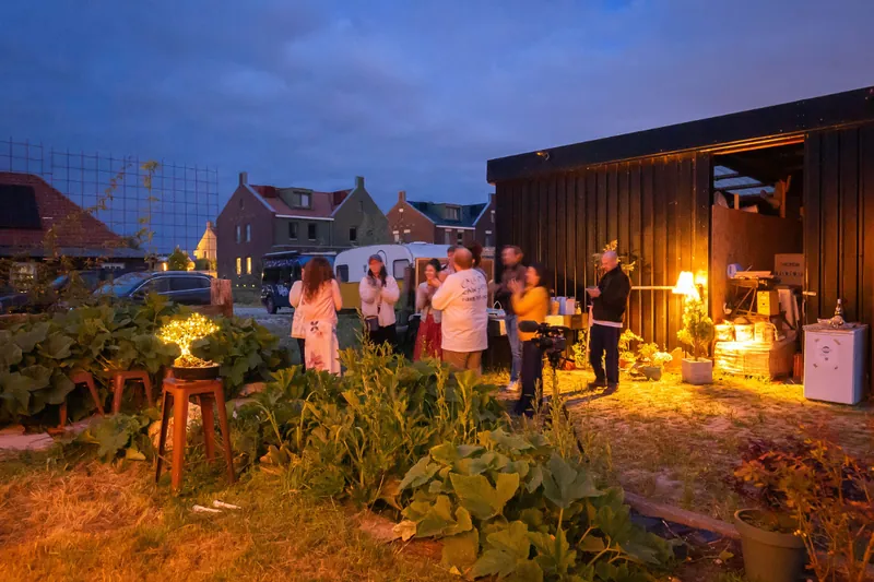 The garden lit with lanterns and a glowing bonsai after dark